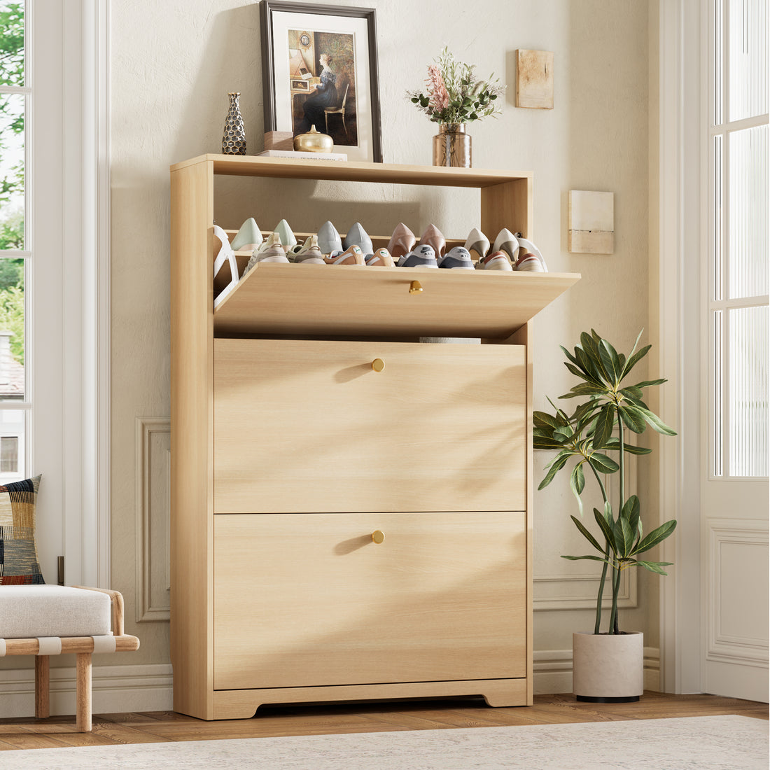 Nicetree 3-Door Shoe Cabinet - Natural Oak