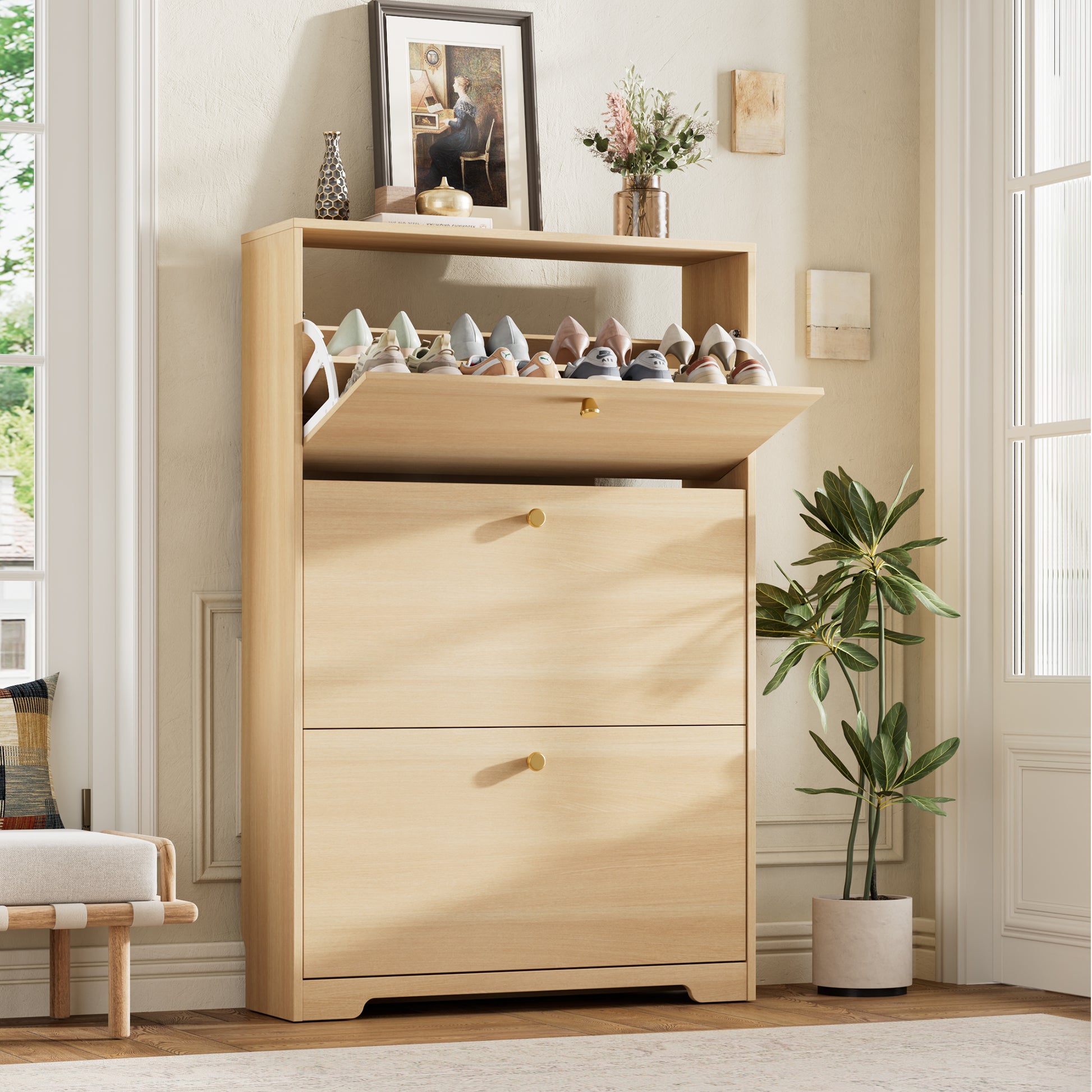Nicetree 3-Door Shoe Cabinet - Natural Oak