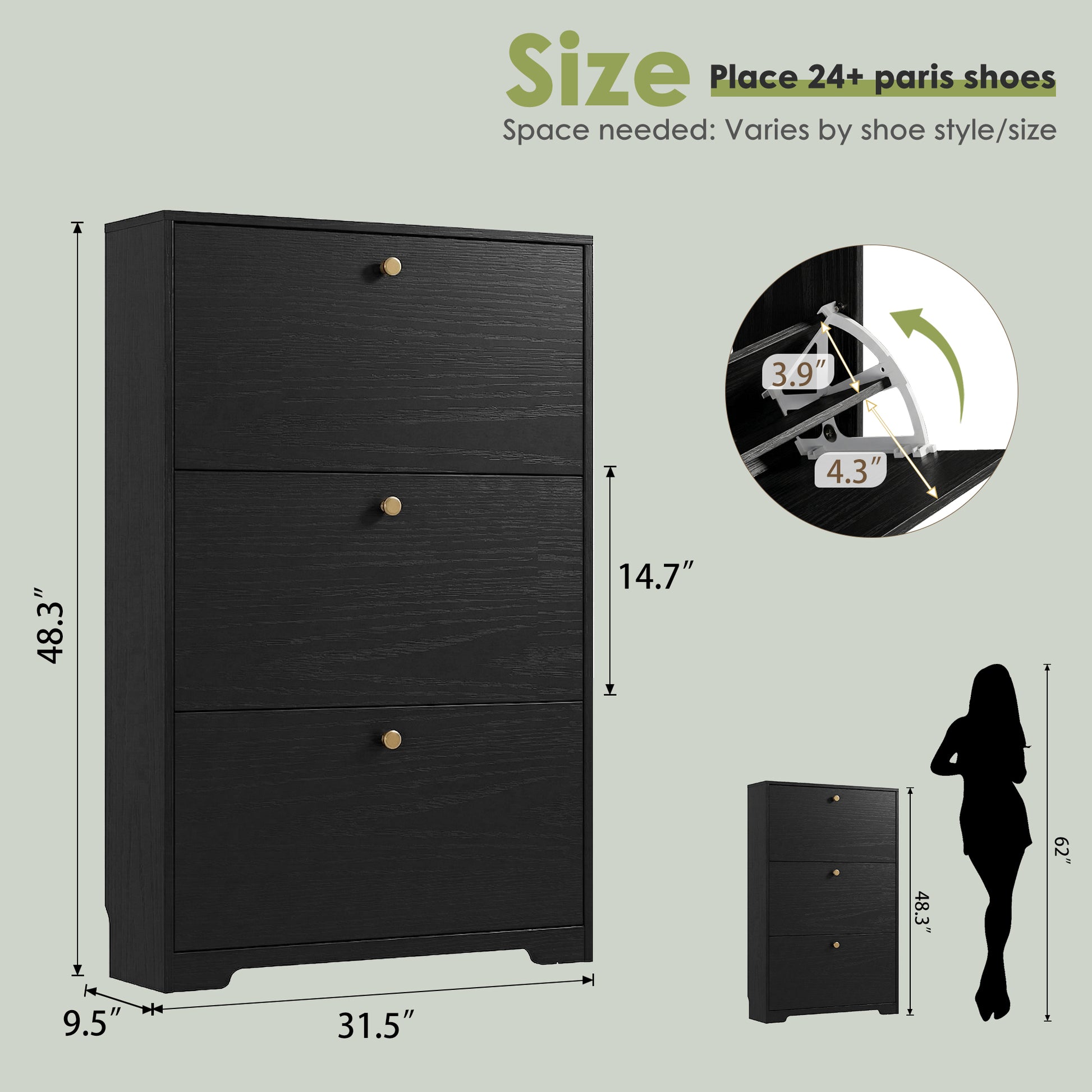Nicetree 3-Door Shoe Cabinet - Black
