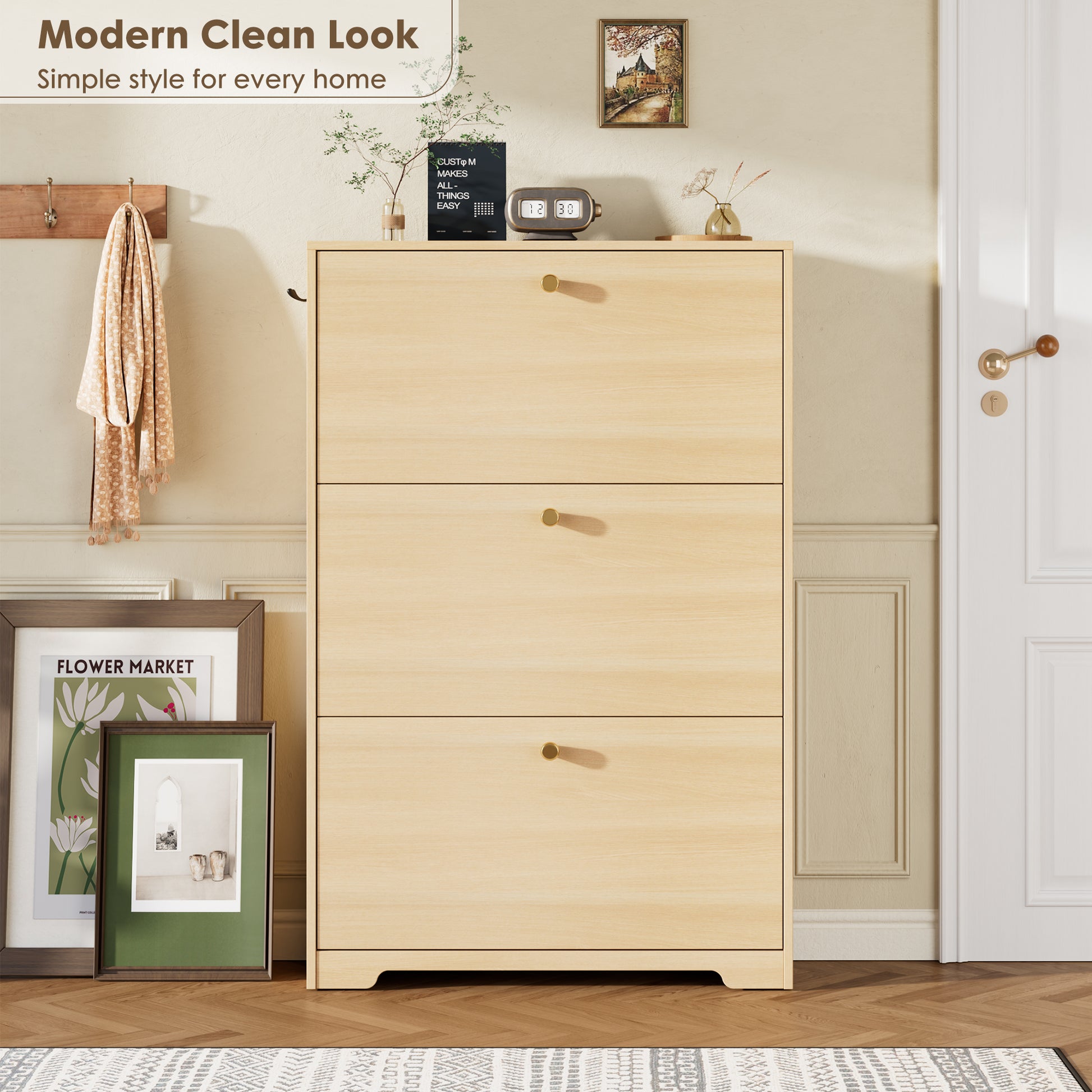 Nicetree 3-Door Shoe Cabinet - Natural Oak