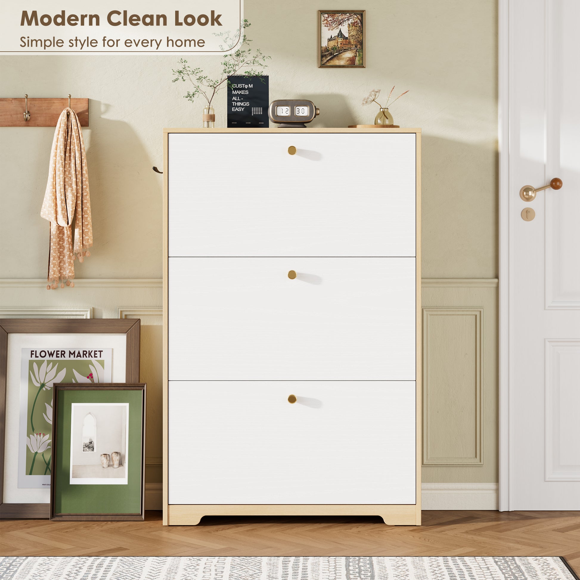 Nicetree 3-Door Shoe Cabinet - Natural Oak & White