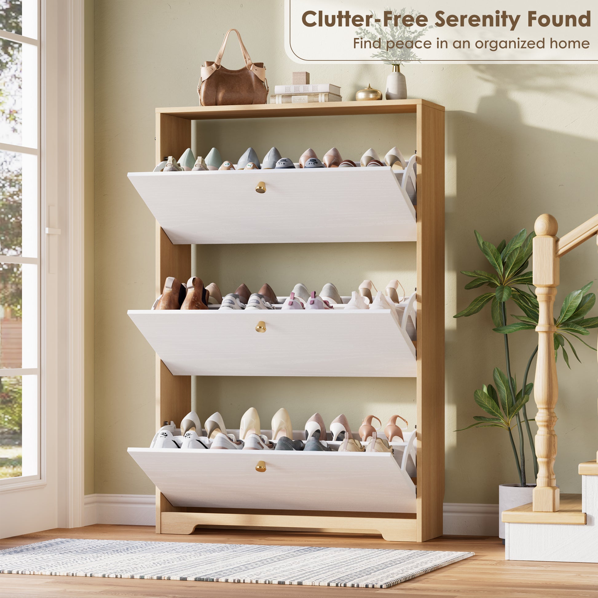 Nicetree 3-Door Shoe Cabinet - Natural Oak & White