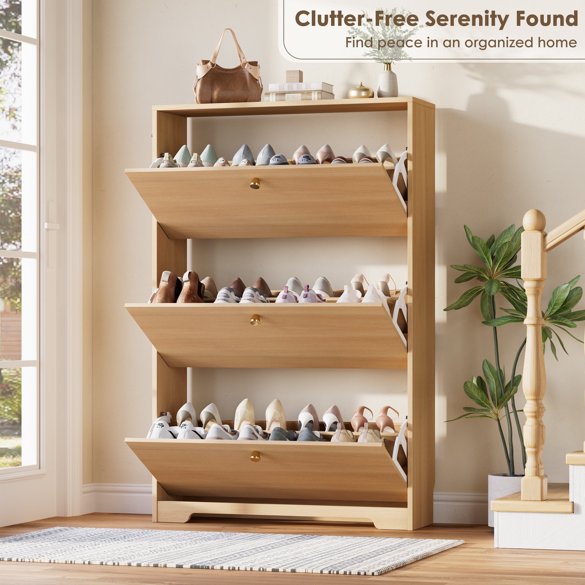 Nicetree 3-Door Shoe Cabinet - Natural Oak