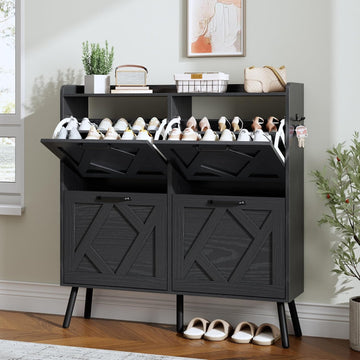 Shoe Cabinet Storage for Entryway, Freestanding Shoe Storage Cabinet, Farmhouse Narrow Shoe Rack Cabinet for Entryway, Foyer, Hallway, Shoe Cabinet 4 Flip Drawers, Rustic Brown