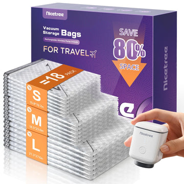 18-Pack Vacuum Bags for Travel with Rechargeable Pump, Compression Packing Bags for Carry-On Luggage & Suitcase, Vacuum Seal Bags for Clothing, 3 Sizes for Travel & Home Storage