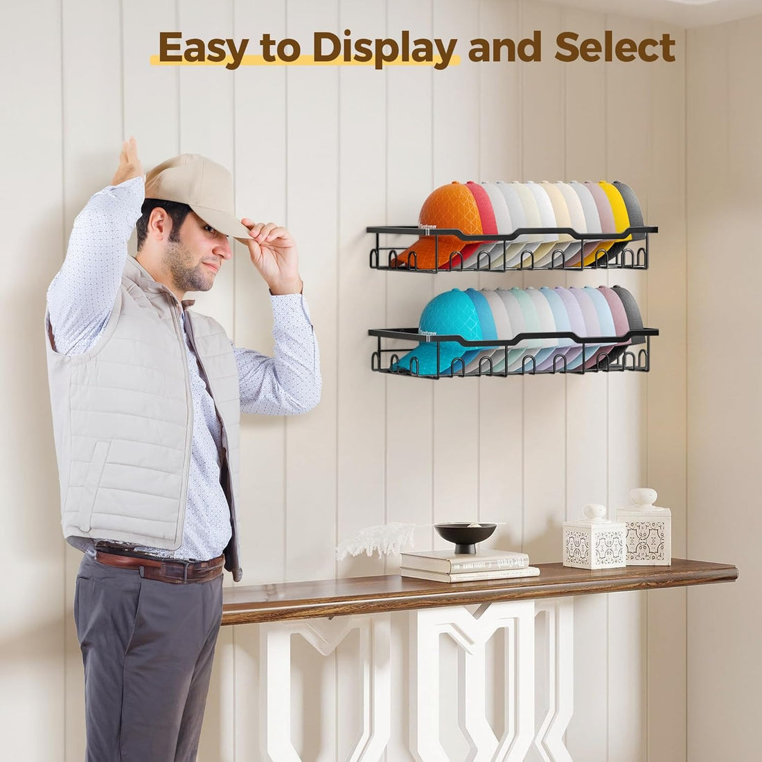 Nicetree Hat Racks for Baseball Caps Wall - Metal Hat Organizer for 48 Baseball Caps Holder, 2 Pack Hat Storage Organizer for Closet, Bedroom, Living Room